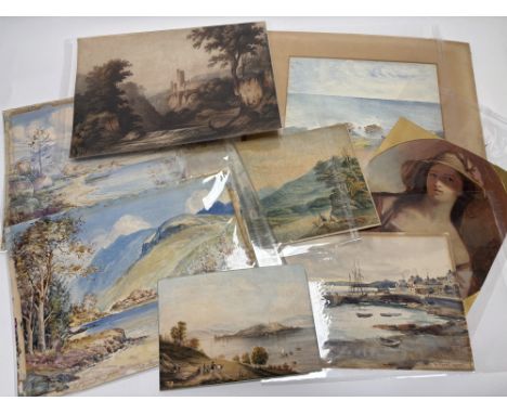 A collection of various unframed watercolours comprising, unknown artist, Village harbour scene, Richard Anderson, Sailboat a