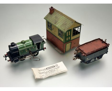 A Vintage Tri-Ang tin-plate AIA-Locomotive LNER 450  T.96 with flat bed truck and wagon with key and associated signal box wi
