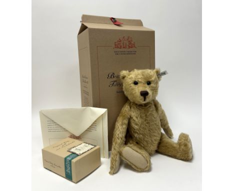 A Steiff British collectors' bear, honey-golden with growler, white tag and button to ear with original box and certificate, 