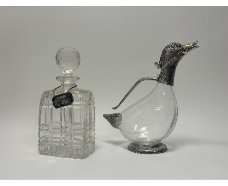 A Regent Silverware duck decanter with silverplated mounts 750ml, unused in original box (h. 26cm), together with a cut glass