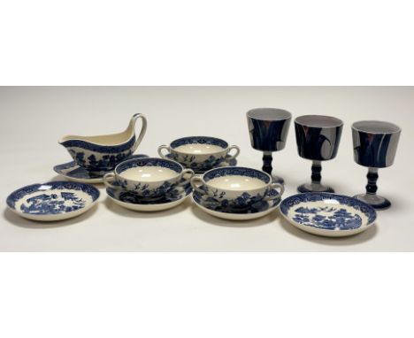 A trio of Aldermaston Pottery wine goblets marked verso (h-15cm) together with a Wedgwood Willow pattern part service compris
