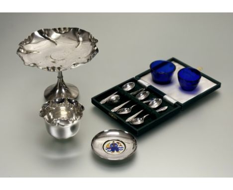 A collection of Epns to include a set of six boxed coffee spoons, a candied fruit stand, an enamel dish, a preserve dish and 
