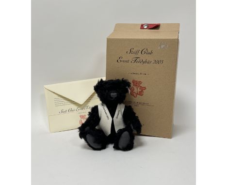 A Steiff black mohair 'Jenners Event Bear', 2003 complete with white felt waistcoat, presentation box and certificate (h. 21c
