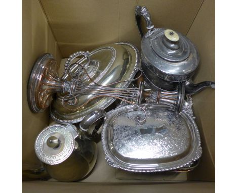 A collection of silver plated items including a coffee pot, candlestick, serving dish, etc. **PLEASE NOTE THIS LOT IS NOT ELI