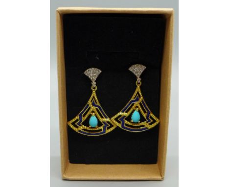 A pair of silver gilt, turquoise and enamel natural zircon earrings 