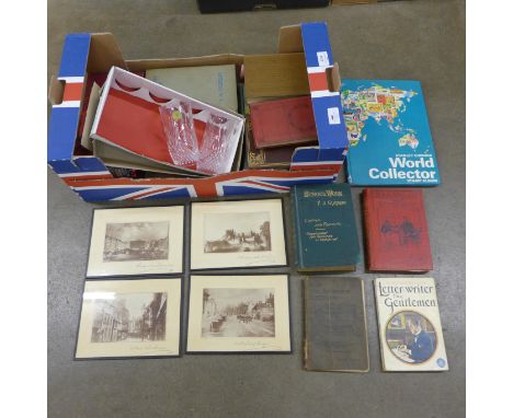 Six Cristal France lead crystal tumblers, four prints of Old Nottingham and a small collection of books, including the City o