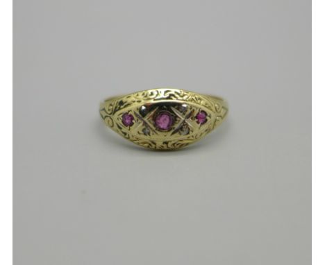 A 9ct gold, ruby and diamond ring, 1.8g, M 