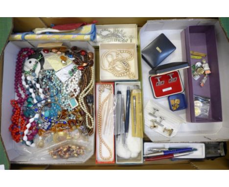 Costume jewellery, pearls, cufflinks, twelve enamel badges, pens including five Parker 