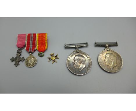 Two WWI British War medals, 267031 Pte. J.H. Slaney, Notts &amp; Derby R., and S-7861 Pte. H. Slaney Rif. Brig. and three min