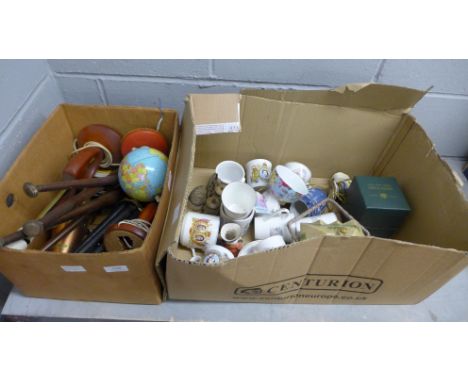 A box of mixed china and a box containing two table lamp bases, two sets of four wooden table legs, brassware and a small tin