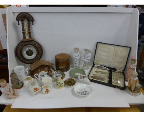 A barometer, an oak tobacco box, china including figures, crested ware including Newark Castle **PLEASE NOTE THIS LOT IS NOT 