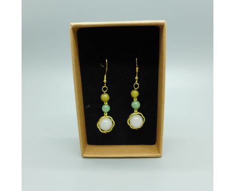 A pair of silver gilt, multi-colour jade drop earrings 