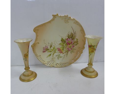 A matched pair of Royal Worcester vases and a Royal Worcester dish with pierced edge 