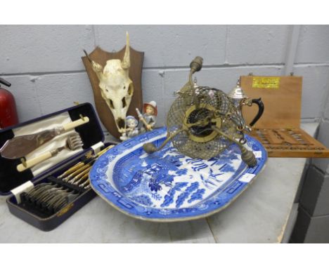 A Willow pattern plate, two plated jugs, fish knives and forks, a hanging light in the form of a basket, a tool set and a mou
