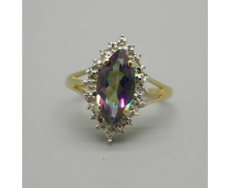 A 9ct gold, mystic topaz and diamond ring, 2.8g, P 