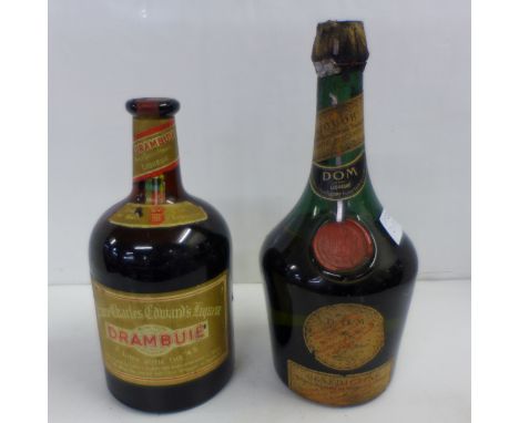 Two bottles, vintage Drambuie and Dom Benedictine