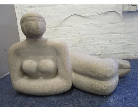 R Ha** - a 1960s carved stone figure of a reclining woman, signed to base, 11 6/8"h, 20" long approx 