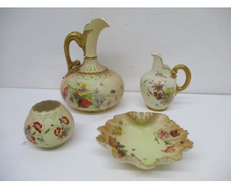 Royal Worcester comprising a flatback jug, 5" h, a ewer 7 3/4"h, a bowl 2 1/4"h and a scalloped shaped dish, 5 1/2"w, each de