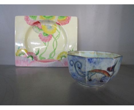 A Wedgwood fairyland lustre small octagonal dragon bowl, 24829, 3 3/8"dia and a Clarice Cliff The Biarritz Royal Staffordshir