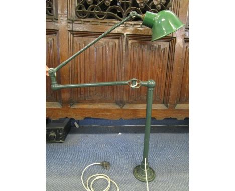 Industrial design - a Dugdills of Stockport patent articulated machinist lamp with green enamelled shade, two joints, green p