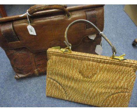 A vintage brown leather and snakeskin attache style briefcase, together with a mid 20th century vintage handbag in mid brown 