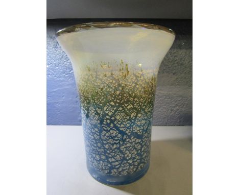 A signed contemporary art glass tumbler vase, slightly flared rim with applied top rim, milk white top leading into a brown a