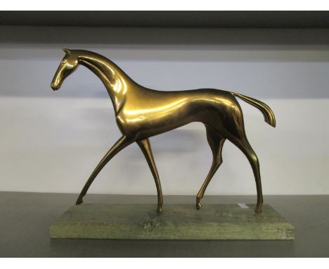 Attributed to Karl Hagenauer - an Art Deco patinated brass model of a horse raised on a green variegated marble base, circa 1