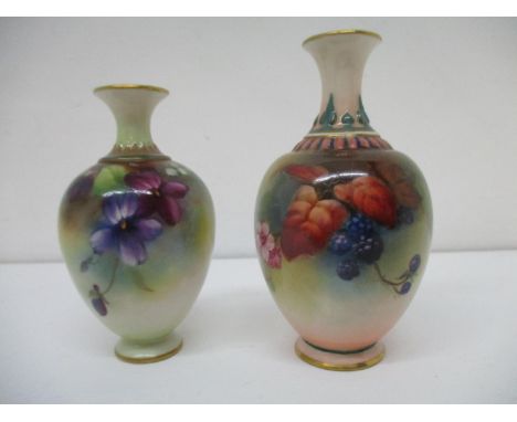 Royal Worcester - a small vase of ovoid form decorated with blossom, leaves and blackcurrants, 4 1/4"h and a vase of baluster