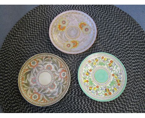 Charlotte Rhead for Crown Ducal and H J Woods - three large pottery wall chargers comprising a Crown Ducal Rhodian pattern ch