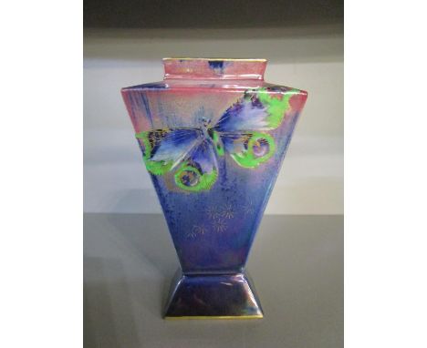 Walter Slater for Shelley China ( Wileman &amp; Co) - a butterfly lustre decorated vase of rectangular section with short nec