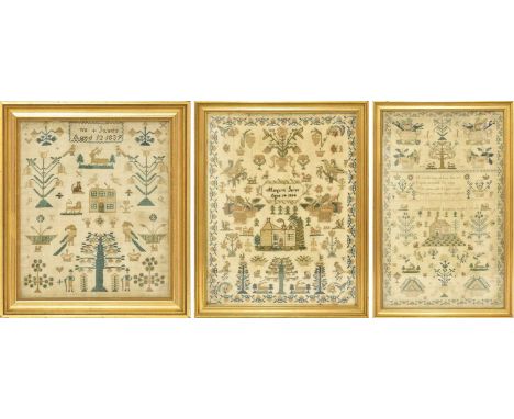 Group of Three 19th Century Samplers Worked by the James Family, comprising a small Decorative Sampler by M James, Aged 12, 1