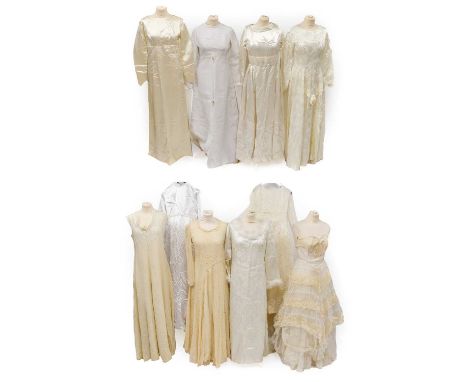 Assorted Circa 1950s and Later Wedding Dresses, comprising a white brocade long sleeved dress with wide scalloped neckline an