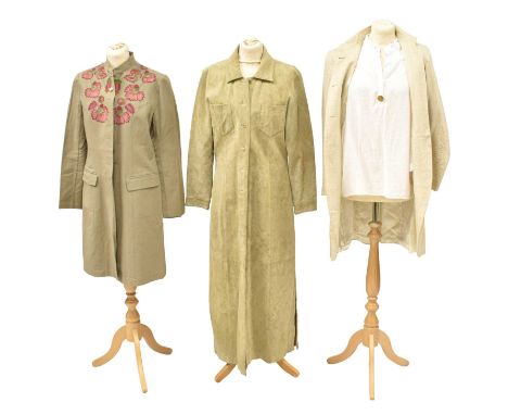 Circa 1980s and Later Ladies Costume, comprising a Roger Saul for Mulberry cream silk linen three quarter length coat with cu