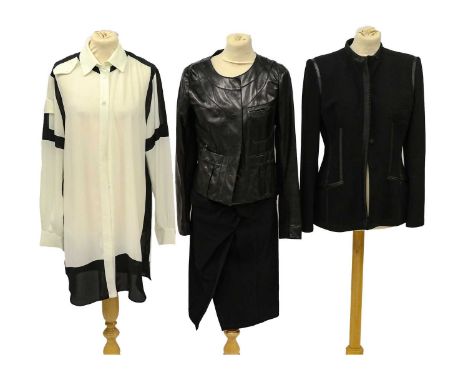 Modern Ladies Clothing comprising a Donna Karan black knee length skirt with ruched detail to the waist (size M) and a black 