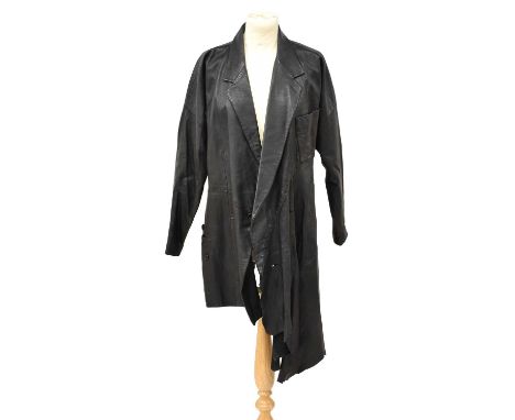 Circa 2000s Issey Miyake Black Leather Asymetric Hem Coat, notched collar, lapels, patch pockets, button fastening that allow