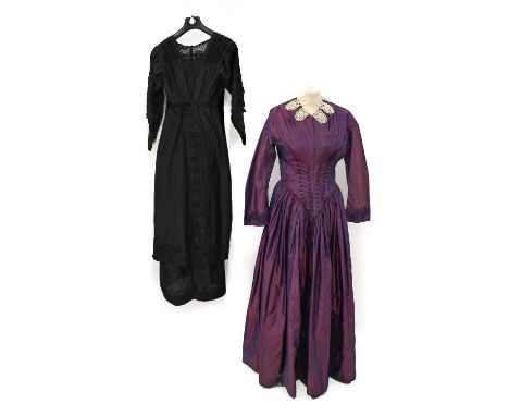 Late 19th Century Purple Shot Silk Dress, with military style button and stitched detail to the waist, long gathered skirt, l