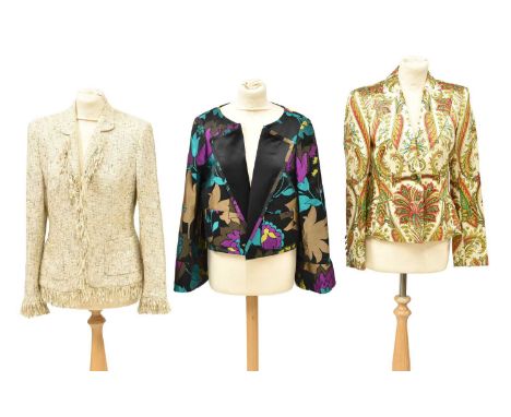 Three Escada Ladies Jackets comprising a cream boucle jacket, with collar and patch pockets, hook and bar fastenings (size EU
