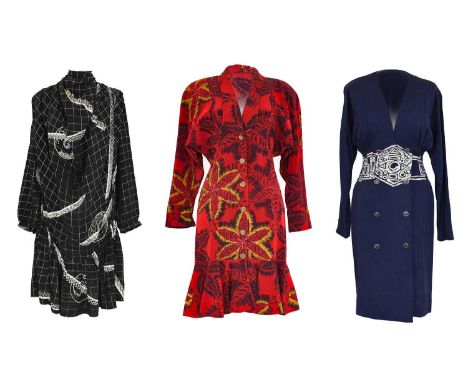 Circa 1980s 'Zandra Rhodes II Labelled' Dresses, comprising a red and black floral and leaf printed shirt dress, with deep co