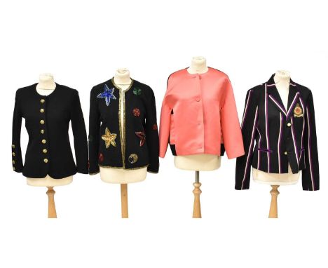 Modern Ladies Costume, comprising an Adolfo black boucle wool jacket, with open front, red, gold, blue and green beading, seq