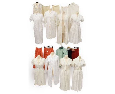 Assorted Early 20th Century Work and Leisure Costume, comprising 5 white cotton and canvas coats labelled John Maden, Rocon S