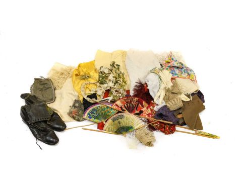 Assorted Early 20th Century Costume Accessories, comprising pair of black leather lace up boots, mesh plated purse and three 