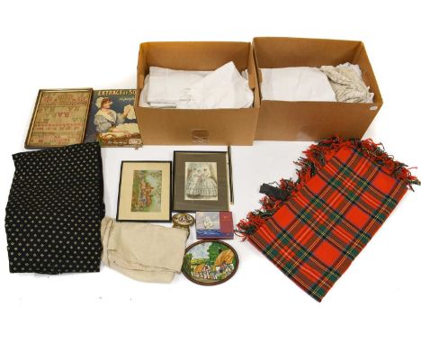 Assorted Costume and Textiles, comprising several linen sheets, crochet edged linen, white linen refectory tablecloth with la