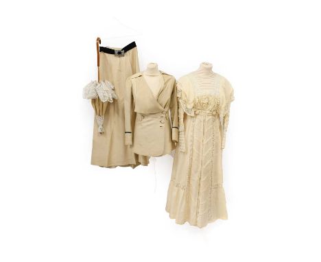 Edwardian Cream Silk Dress, with lace insertions overall, net trimmed lower sleeves and modesty panel, two silk flower heads 