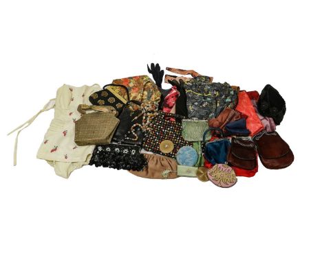 Assorted Costume Accessories, comprising Asprey brocade evening bag with a pale pink satin lining; Waldybag coffee silk clutc