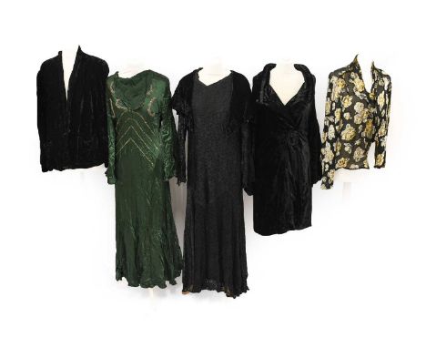 Circa 1920-30s Costume, comprising a green evening dress with a draped and weighted neckline, bead and sequin stylised decora