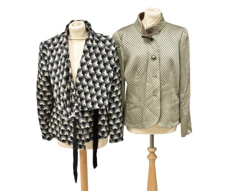 Giorgio Armani Black Chequered Kimono Style Long Sleeve Jacket with cream printed demi sun-rays overall, a wide round collar 