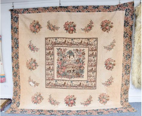 Early 19th Century Chintz Quilt, with a central square depicting a Chinoserie scene with a bridge over a stream and two swans