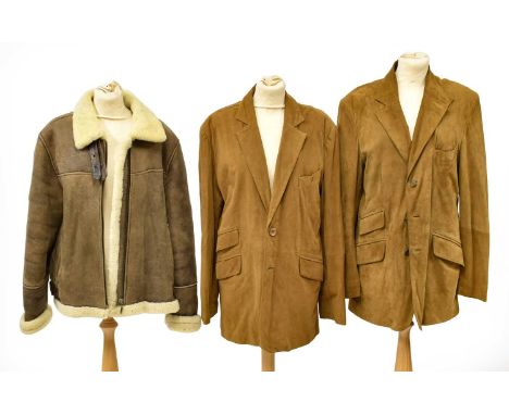 Modern Crombie Jackets, comprising two similar brown suede jackets, with button fastenings; and a brown shearling flying jack