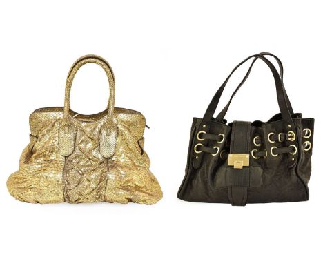 Jimmy Choo Black Leather Ramona Shoulder Bag, with brass tone hardware, strap closure with metal mount stamped Jimmy Choo, pi