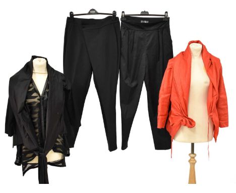 Modern Ladies Costume comprising a Donna Karan red linen blend jacket with a ruched detail to the hook and eye fastening (siz